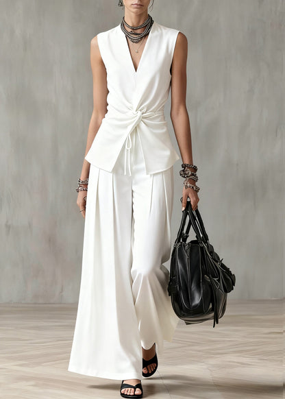 Italian White Wrinkled Elastic Waist Two Piece Set Summer