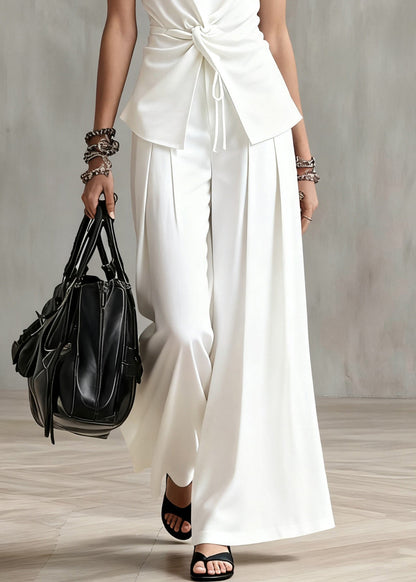 Italian White Wrinkled Elastic Waist Two Piece Set Summer