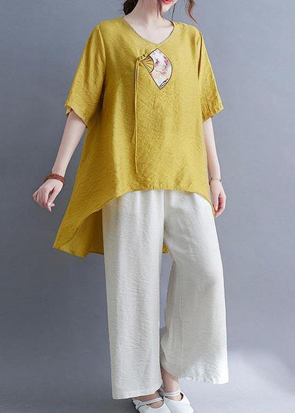 Italian Yellow Embroideried Fan Cotton Linen Top Summer - SooLinen
