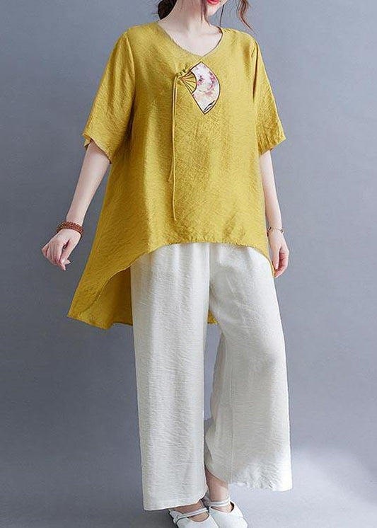 Italian Yellow Embroideried Fan Cotton Linen Top Summer - SooLinen