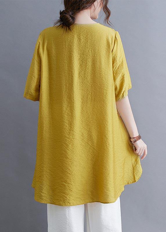Italian Yellow Embroideried Fan Cotton Linen Top Summer - SooLinen