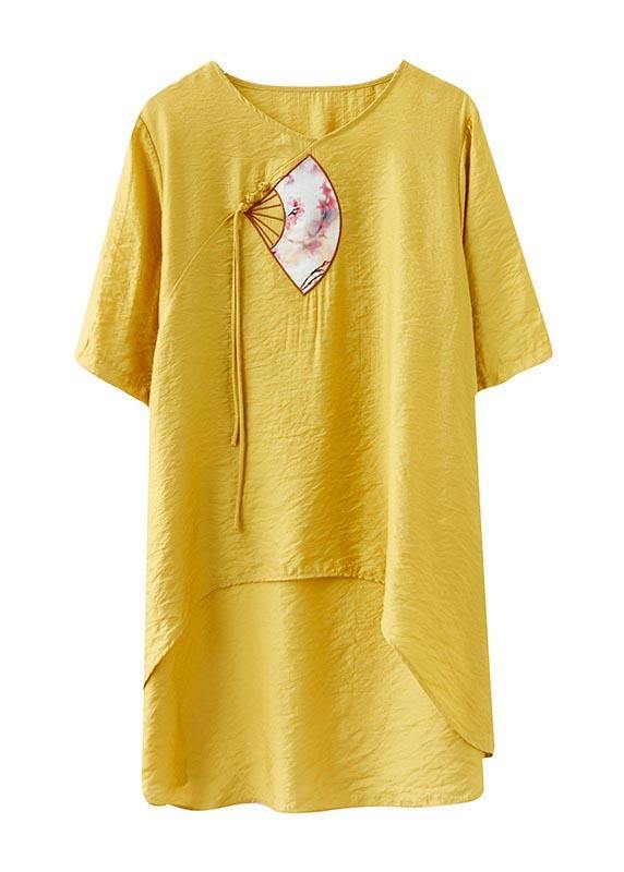 Italian Yellow Embroideried Fan Cotton Linen Top Summer - SooLinen