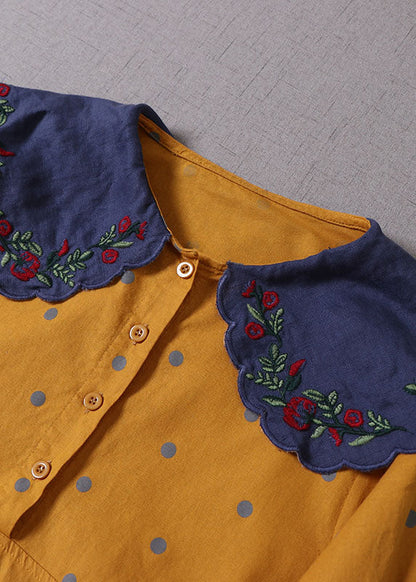 Italienisches gelbes besticktes Patchwork-Punkt-Baumwoll-Partykleid