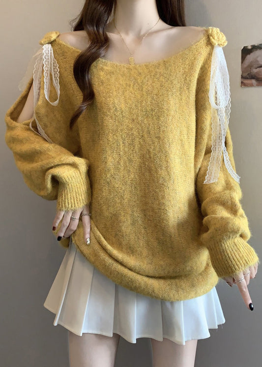 Italienischer gelber Strickpullover mit Lochmuster und Patchwork-Spitze für den Frühling