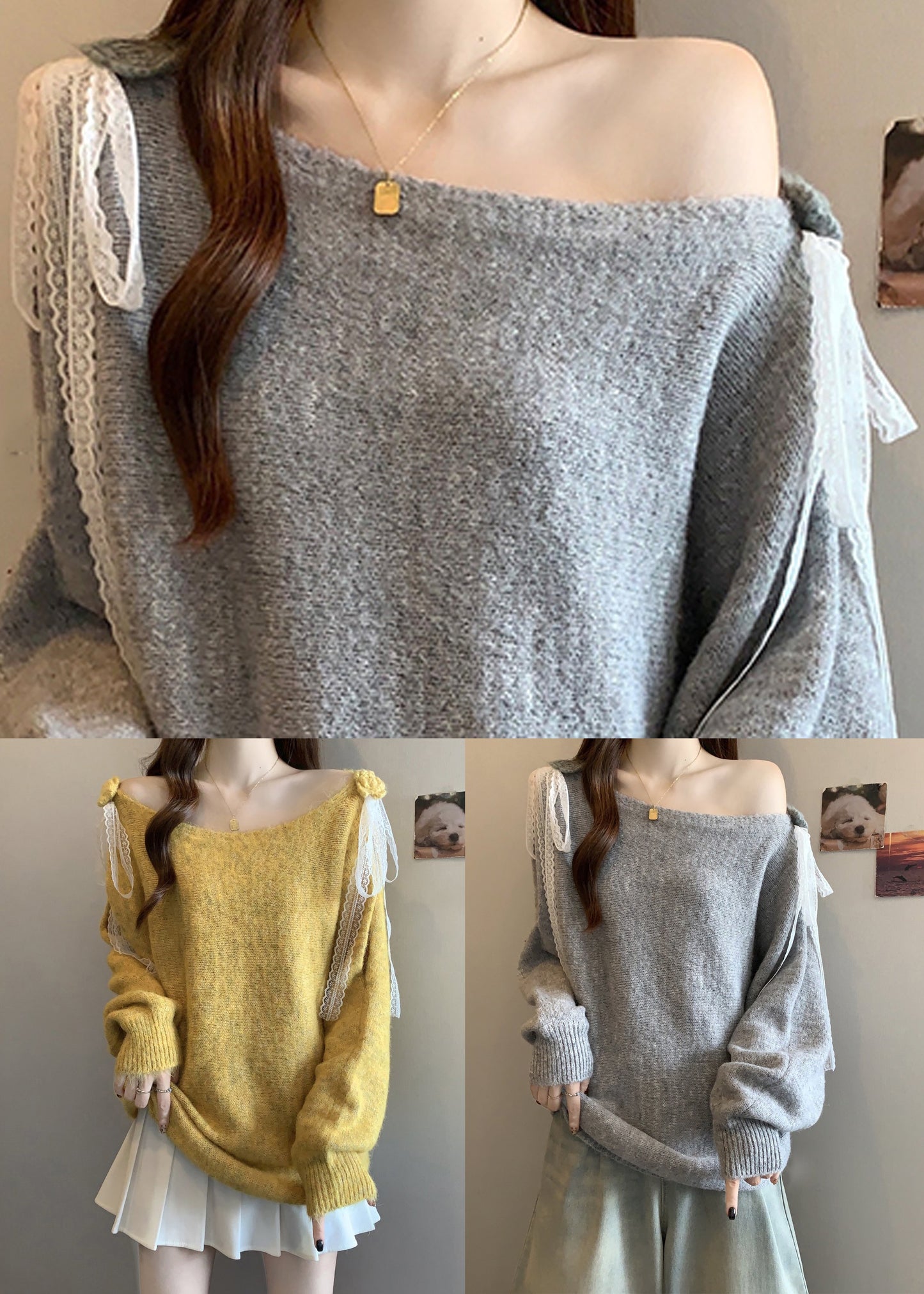 Italienischer gelber Strickpullover mit Lochmuster und Patchwork-Spitze für den Frühling