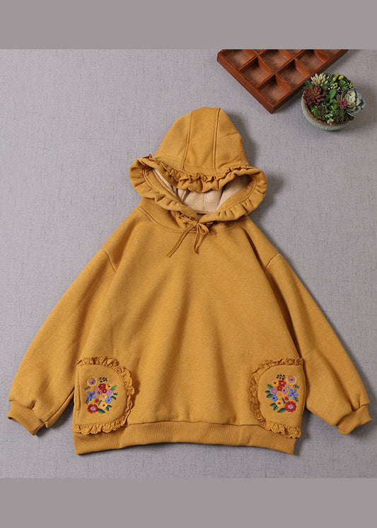 Italienisches gelbes Kapuzen-Sweatshirt mit Kordelzug, warm, Fleece, für den Winter