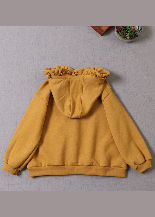 Italienisches gelbes Kapuzen-Sweatshirt mit Kordelzug, warm, Fleece, für den Winter