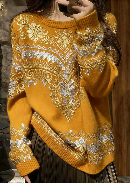 Italian Yellow O Neck Print Cozy Knit Sweater Tops Spring