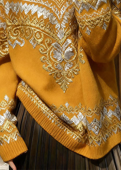 Italian Yellow O Neck Print Cozy Knit Sweater Tops Spring