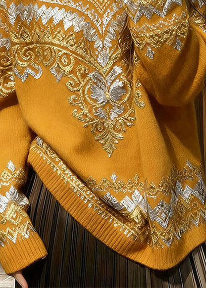 Italian Yellow O Neck Print Cozy Knit Sweater Tops Spring