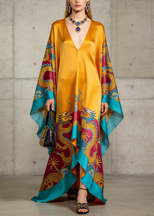 Italian Yellow Oversized Print Chiffon Maxi Dresses Batwing Sleeve