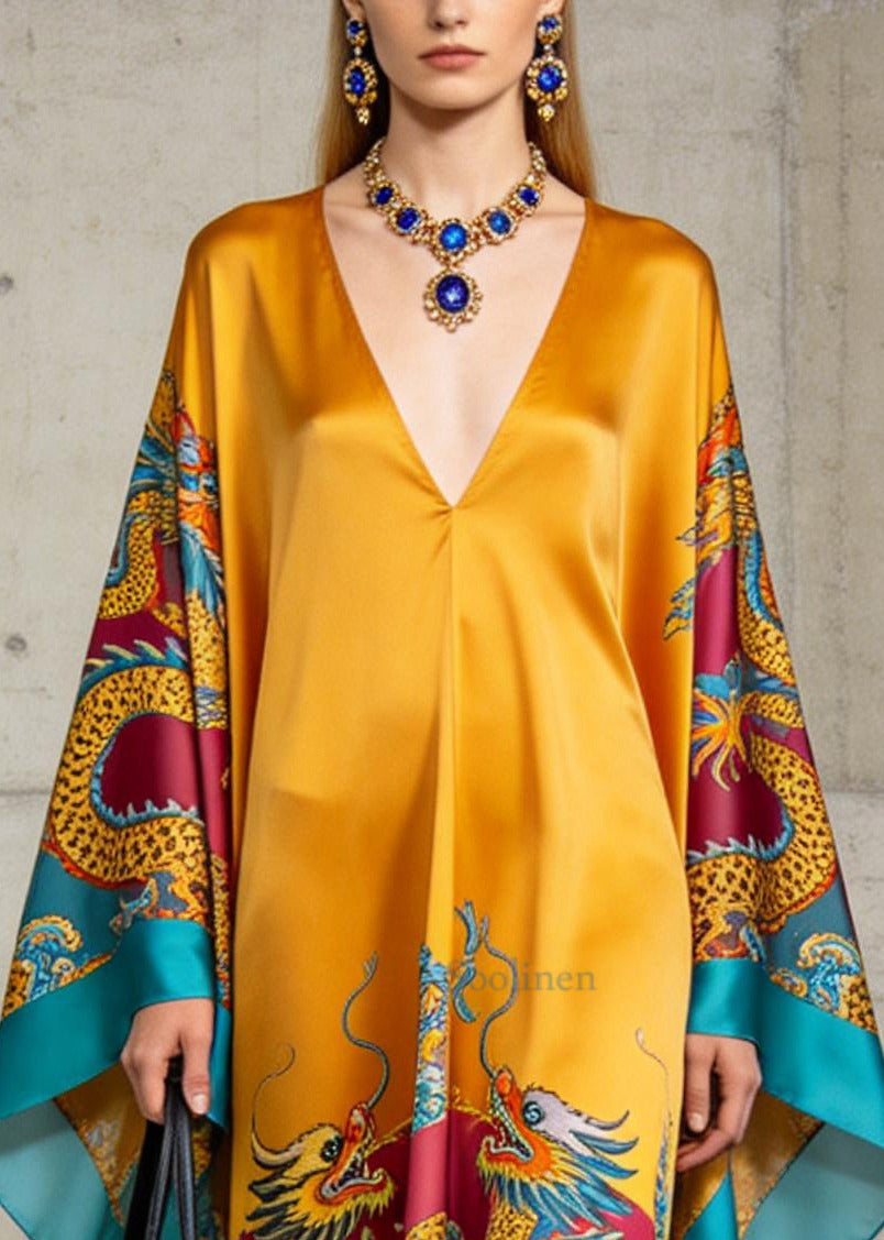 Italian Yellow Oversized Print Chiffon Maxi Dresses Batwing Sleeve