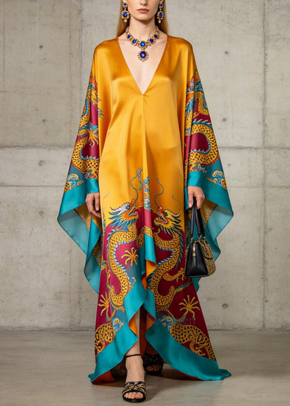 Italian Yellow Oversized Print Chiffon Maxi Dresses Batwing Sleeve