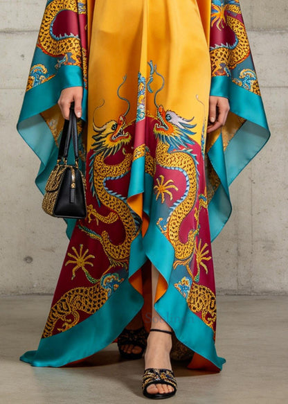 Italian Yellow Oversized Print Chiffon Maxi Dresses Batwing Sleeve