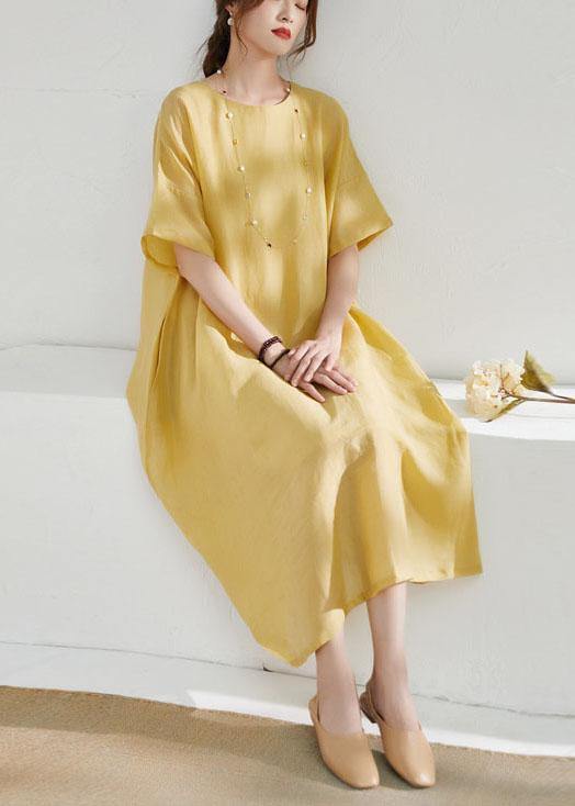 Italian Yellow Pockets Patchwork Summer Ramie Dress Half Sleeve - SooLinen