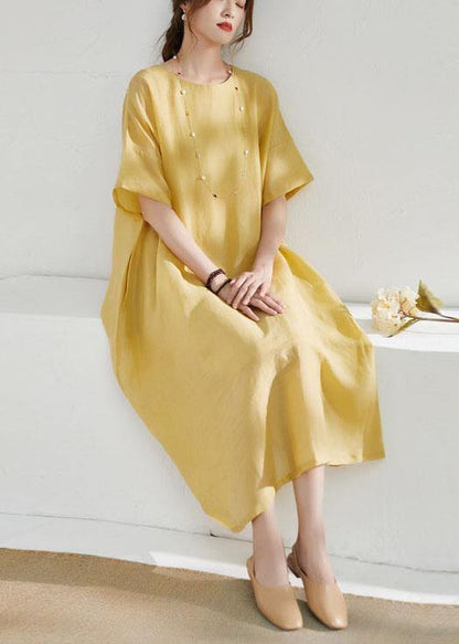 Italian Yellow Pockets Patchwork Summer Ramie Dress Half Sleeve - SooLinen