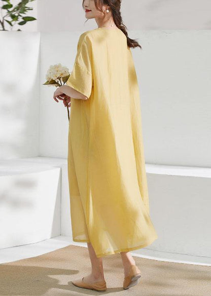 Italian Yellow Pockets Patchwork Summer Ramie Dress Half Sleeve - SooLinen