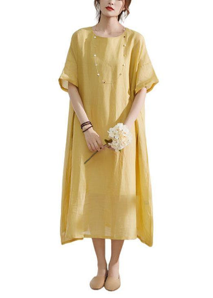 Italian Yellow Pockets Patchwork Summer Ramie Dress Half Sleeve - SooLinen