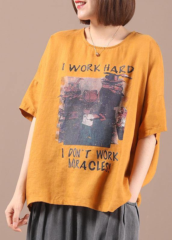 Italian Yellow Print O-Neck Cotton Linen Tee Summer - SooLinen