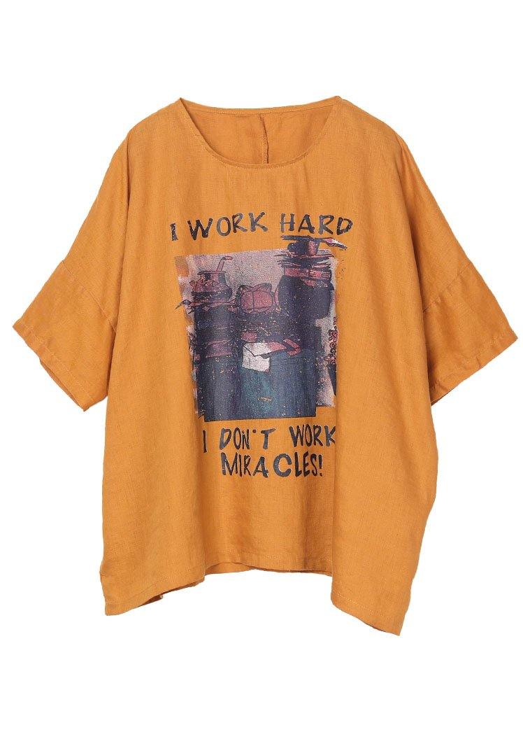 Italian Yellow Print O-Neck Cotton Linen Tee Summer - SooLinen