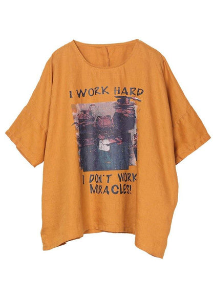 Italian Yellow Print O-Neck Cotton Linen Tee Summer - SooLinen