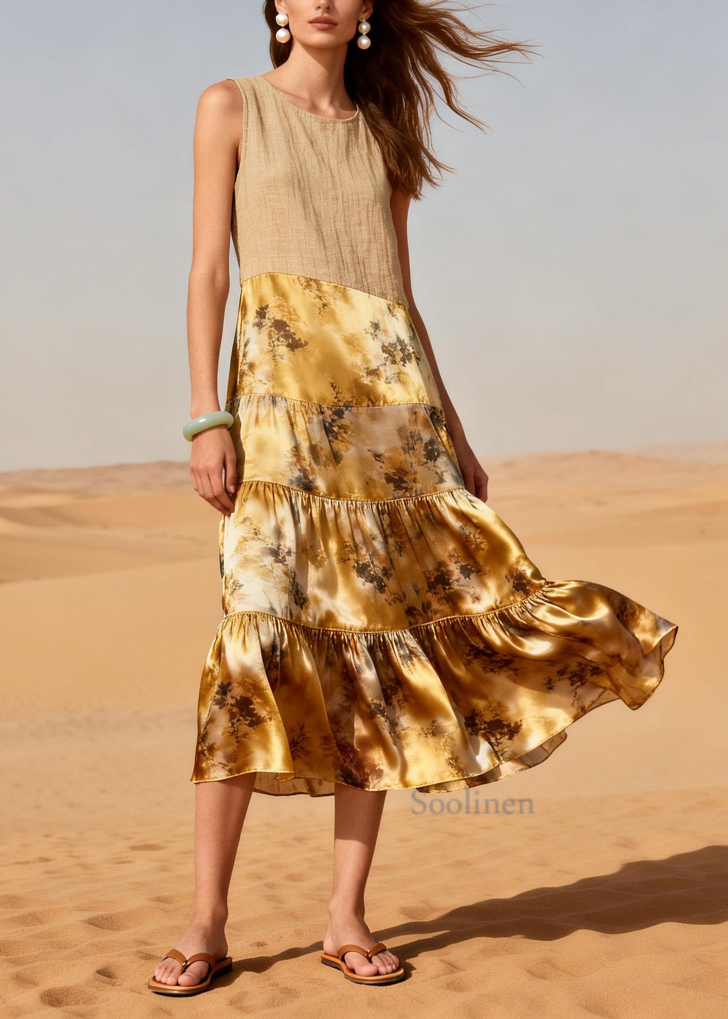 Italian Yellow Print Patchwork Linen Silk Dress Summer