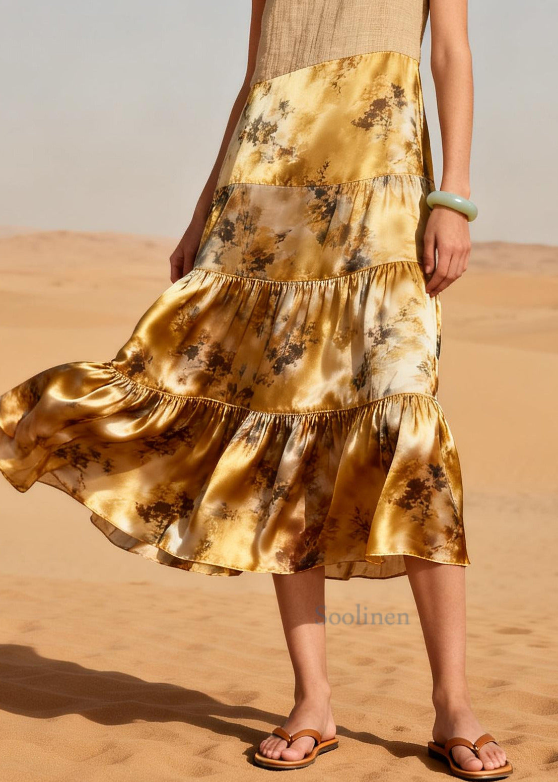 Italian Yellow Print Patchwork Linen Silk Dress Summer