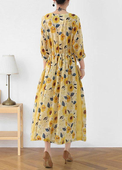 Italian Yellow Print Ramie Tie Waist Ankle Dress Fall - SooLinen