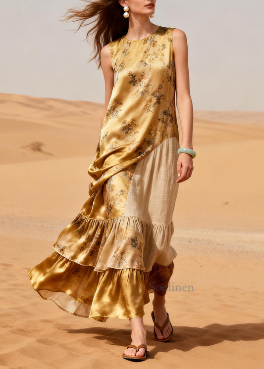 Italian Yellow Ruffled Patchwork Print Silk Holiday Dress Summer
