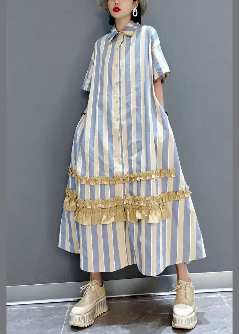 Italienische Gelb Rüschen Peter Pan Kragen taste Gestreiften hemd Kleider Kurzarm