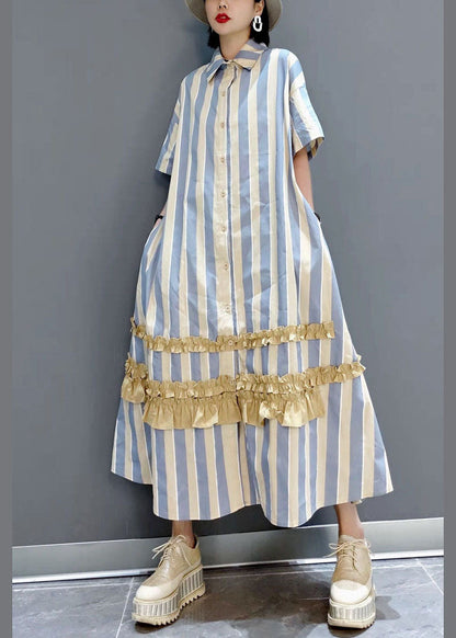 Italienische Gelb Rüschen Peter Pan Kragen taste Gestreiften hemd Kleider Kurzarm