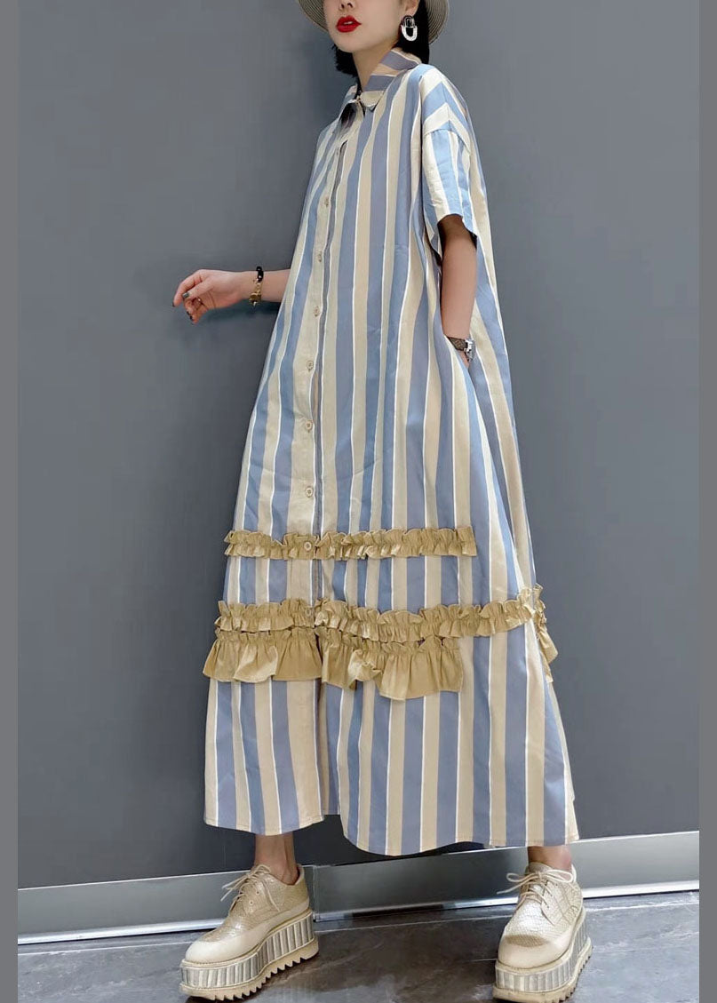 Italienische Gelb Rüschen Peter Pan Kragen taste Gestreiften hemd Kleider Kurzarm