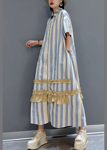 Italienische Gelb Rüschen Peter Pan Kragen taste Gestreiften hemd Kleider Kurzarm