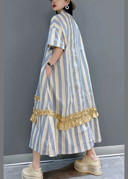 Italienische Gelb Rüschen Peter Pan Kragen taste Gestreiften hemd Kleider Kurzarm