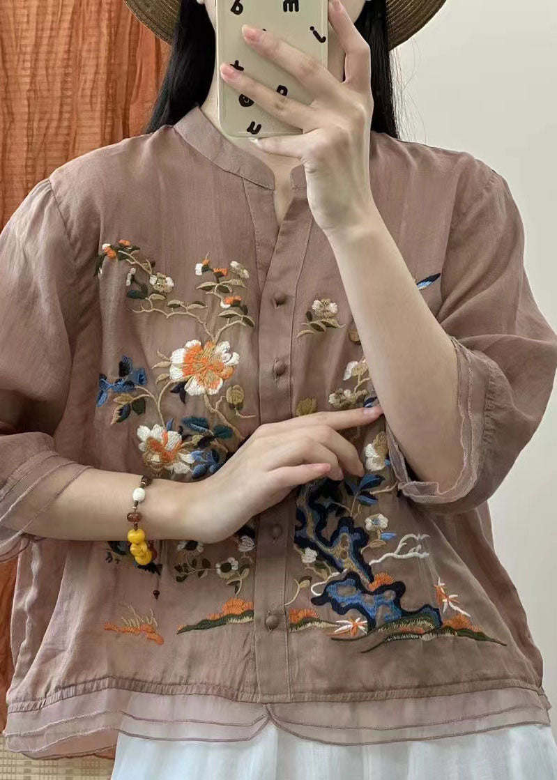 Italienische Gelb Stehkragen Bestickte Knopf Patchwork Leinen Blusen Sommer