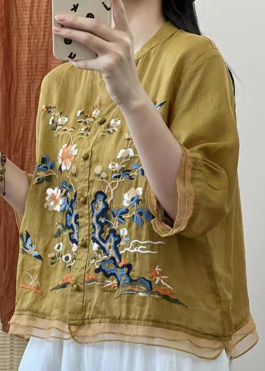 Italienische Gelb Stehkragen Bestickte Knopf Patchwork Leinen Blusen Sommer