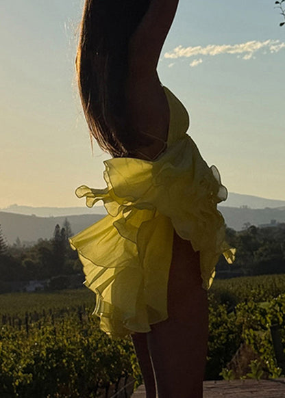 Italian Yellow V Neck Patchwork Backless Mid Spaghetti Strap Dress Summer