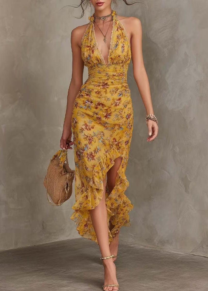 Italian Yellow V Neck Side Open Print Chiffon Long Dress Summer