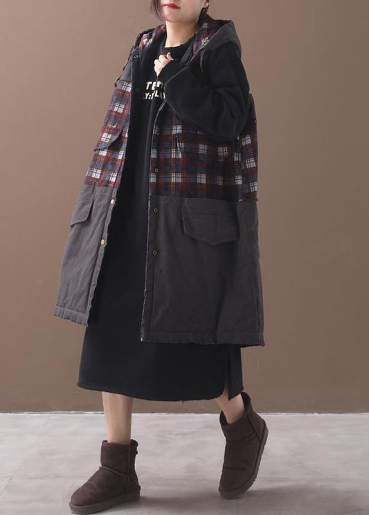 Italian back open fine hooded tunic pattern patchwork plaid baggy outwears - SooLinen