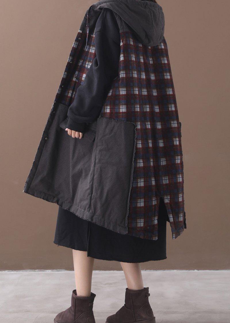 Italian back open fine hooded tunic pattern patchwork plaid baggy outwears - SooLinen