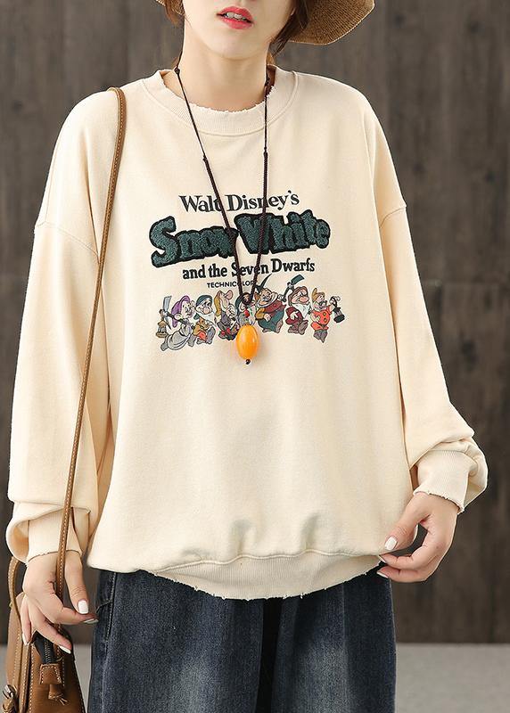 Italian beige Cartoon print tops women o neck loose top - SooLinen