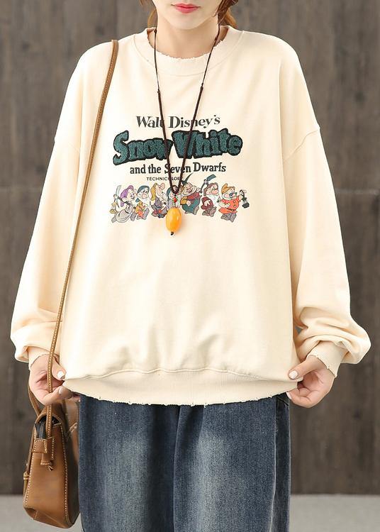 Italian beige Cartoon print tops women o neck loose top - SooLinen
