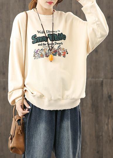 Italian beige Cartoon print tops women o neck loose top - SooLinen