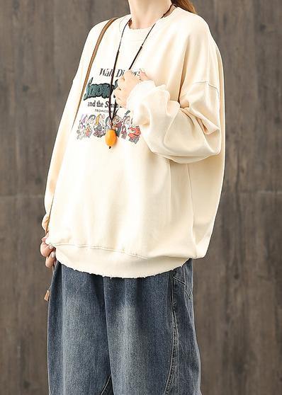 Italian beige Cartoon print tops women o neck loose top - SooLinen