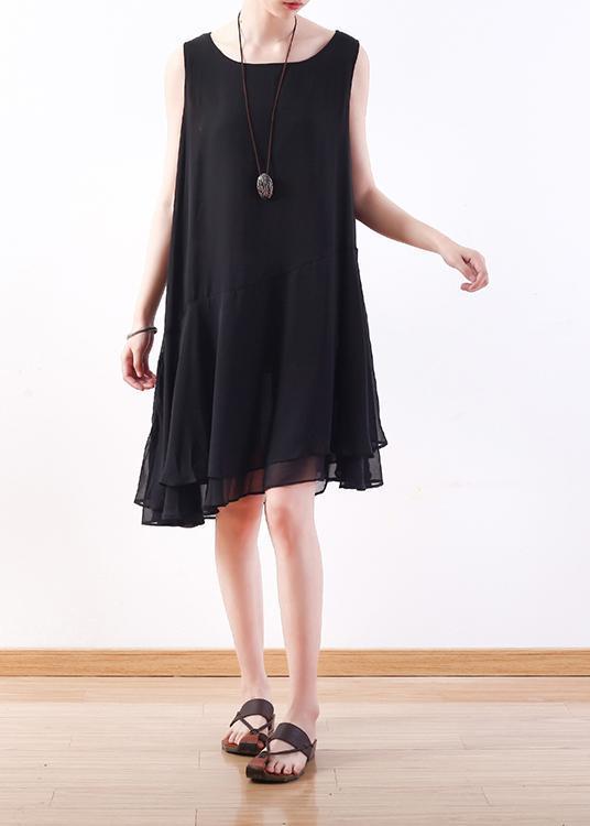 Italienisches schwarzes Chiffon-Outfit Korea Leinen ärmelloses A-Linien-Sommerkleid