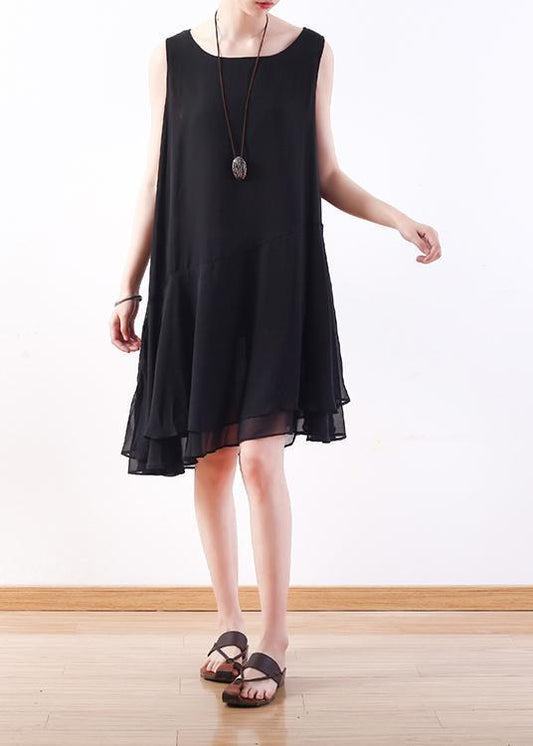 Italienisches schwarzes Chiffon-Outfit Korea Leinen ärmelloses A-Linien-Sommerkleid