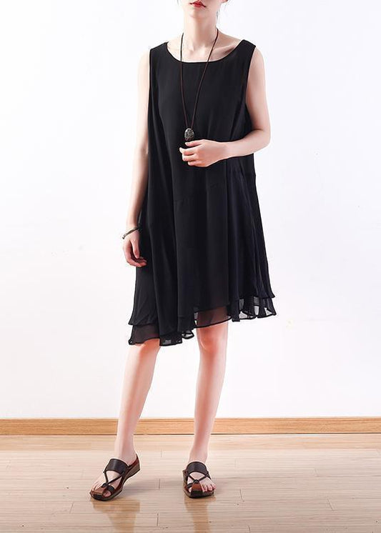 Italienisches schwarzes Chiffon-Outfit Korea Leinen ärmelloses A-Linien-Sommerkleid
