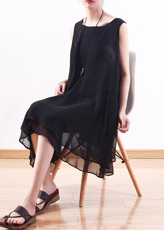 Italienisches schwarzes Chiffon-Outfit Korea Leinen ärmelloses A-Linien-Sommerkleid