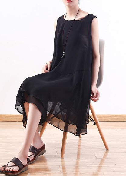 Italienisches schwarzes Chiffon-Outfit Korea Leinen ärmelloses A-Linien-Sommerkleid