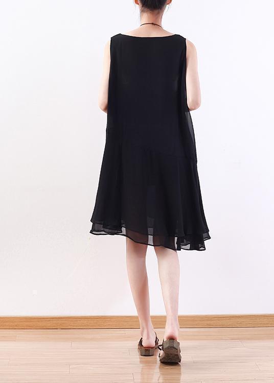 Italienisches schwarzes Chiffon-Outfit Korea Leinen ärmelloses A-Linien-Sommerkleid